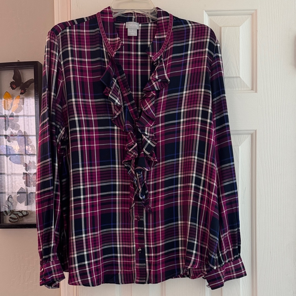 MEW Beautiful Chico's Pink and Blue Plaid Ruffle Front Blouse